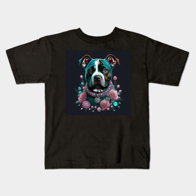 Staffy Enjoys Roses Kids T-Shirt by Enchanted Reverie